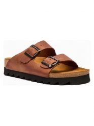 Comfortfusse Skórzane klapki "Troy" w kolorze jasnobrązowym rozmiar: 42. Brązowe klapki damskie Comfortfüße, bez wzorów, z materiału, z otwartym noskiem, bez obcasa, bez zapięcia. Za 260.99 zł.