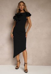 Czarna Koktajlowa Asymetryczna Sukienka Vices z Kwiatem 3D i Falbankami Tolelira. Czarne sukienki damskie Renee, bez wzorów, eleganckie, bez ramiączek. W wyprzedaży za 111.99 zł.