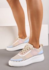 Beżowo-Niebieskie Sneakersy do Kostki na Platformie ze Sznurowaniami Fropia. Brązowe obuwie sportowe damskie Born2be, z materiału, bez zapięcia. Za 109.99 zł.