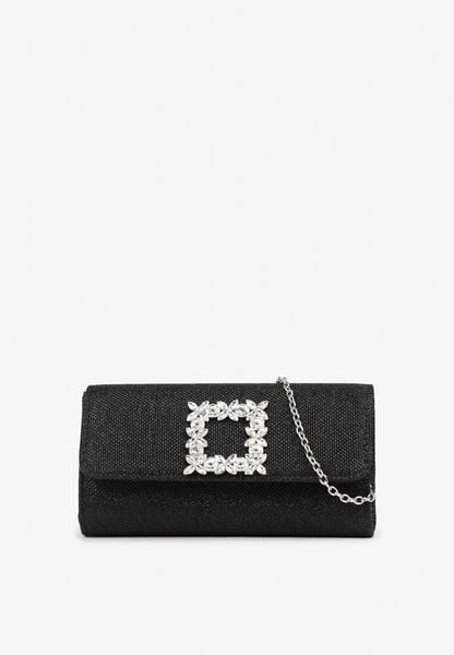 Czarna Torebka Kopertówka z Łańcuszkiem i Aplikacją w Kształcie Klamry Ahenli. Czarne torebki klasyczne damskie Born2be, na ramię, bez dodatków. Za 39.99 zł.