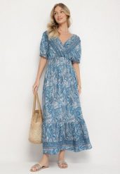 Niebieska Bawełniana Sukienka o Rozkloszowanym Kroju we Wzór Paisley Folurelle. Niebieskie sukienki damskie Born2be, bez wzorów, z bawełny, eleganckie, bez ramiączek. Za 49.99 zł.