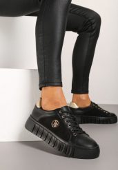 Czarno-Złote Sznurowane Sneakersy Vices na Platformie z Tłoczeniem i Metaliczną Aplikacją Lavfedi. Czarne obuwie sportowe damskie Renee, z jeansu, bez zapięcia. Za 89.99 zł.