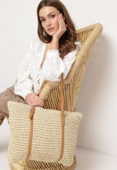 Jasnobeżowa Pleciona Torebka Shopper z Rączkami Zapinana na Suwak Alulasa. Brązowe shopper bag Born2be, bez wzorów, bez dodatków. Za 119.99 zł.