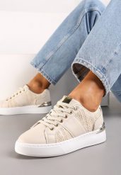 Beżowe Sznurowane Sneakersy z Ekoskóry z Plecionką i Metaliczną Wstawką Josephina. Brązowe obuwie sportowe damskie Renee, bez zapięcia. Za 74.99 zł.