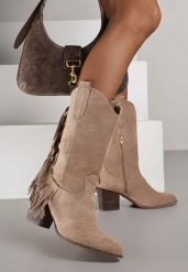 Beżowe Botki Kowbojki na Stożku z Frędzlami przy Cholewce Reinia. Brązowe botki damskie Renee, z jeansu, boho, bez obcasa, na obcasie, bez zapięcia. Za 189.99 zł.