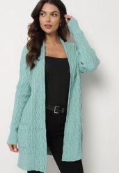 Miętowy Długi Nierozpinany Kardigan z Tłoczeniem Vaithnia. Zielone kardigany damskie Born2be, bez wzorów, z jeansu. Za 69.99 zł.