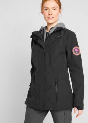 Długa kurtka softshell w optyce 2 w 1, z hydrofobowego materiału. Czarne kurtki sportowe damskie bonprix, bez wzorów, z dresówki, z kapturem. Za 309.99 zł.