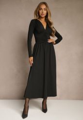 Czarna Taliowana Sukienka Longsleeve z Wiskozą z Marszczeniem i Dekoltem V Elirie. Czarne sukienki damskie Renee, bez wzorów, z wiskozy, bez ramiączek. Za 159.99 zł.