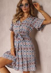 Niebieska Sukienka Mini z Gumką w Pasie i Falbanką z Wiskozy Ellison. Niebieskie sukienki damskie Renee, bez wzorów, z wiskozy, bez ramiączek. W wyprzedaży za 55.99 zł.