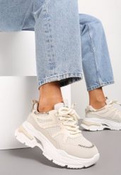 Beżowe Sneakersy na Grubej Podeszwie z Siateczką i Błyszczącymi Detalami Xernnia. Brązowe obuwie sportowe damskie Renee, z materiału, bez zapięcia. Za 109.99 zł.