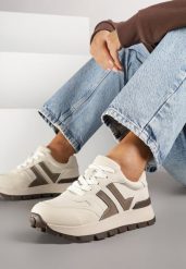 Beżowe Sneakersy na Grubej Podeszwie Zdobione Przeszyciami Lulline. Brązowe obuwie sportowe damskie Renee, z jeansu, bez zapięcia, trekkingowe. Za 129.99 zł.