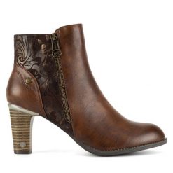 Botki Mustang. Brązowe botki damskie Mustang, bez obcasa, na słupku, bez zapięcia. Za 349.99 zł.