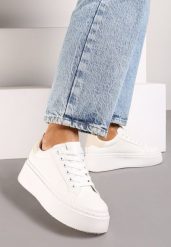 Biało-Beżowe Casualowe Sneakersy na Grubej Podeszwie Tiadonia. Białe obuwie sportowe damskie Born2be, z jeansu, bez zapięcia. Za 64.99 zł.
