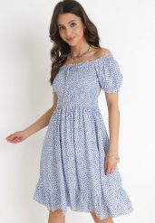 Niebieska Bawełniana Sukienka Hiszpanka w Kwiatki Rutani. Niebieskie sukienki damskie Born2be, bez wzorów, z bawełny, eleganckie, bez ramiączek. Za 89.99 zł.