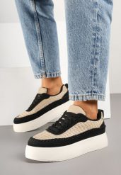 Czarne Sneakersy na Grubej Podeszwie z Plecioną Cholewką Nilavanea. Czarne obuwie sportowe damskie Born2be, z jeansu, bez zapięcia. Za 89.99 zł.