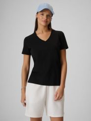 4F T-shirt regular gładki damski - czarny XL. Czarne t-shirty damskie 4F, uniwersalny, bez wzorów, z materiału, bez kołnierzyka. Za 49.99 zł.