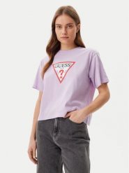Guess Jeans T-Shirt W4YI73 K8HM0 Fioletowy Boxy Fit. Fioletowe t-shirty damskie Guess Jeans, m, z aplikacjami, z bawełny, bez kołnierzyka. Za 89.99 zł.