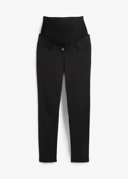 Spodnie ciążowe ze stretchem, slim fit. Czarne rurki damskie bonprix, bez wzorów. Za 169.99 zł.