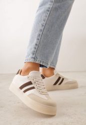 Beżowe Sneakersy na Kauczukowej Grubej Podeszwie z Paskami po Bokach Ninlili. Brązowe obuwie sportowe damskie Born2be, z jeansu, bez zapięcia. Za 99.99 zł.