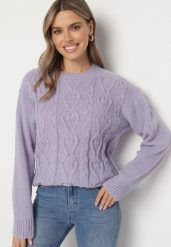 Ciemnofioletowy Sweter z Wełną Ściągaczem i Tłoczeniem Riavonnae. Fioletowe swetry klasyczne damskie Born2be, z jeansu, bez kołnierzyka. Za 59.99 zł.