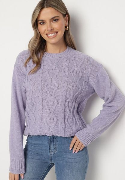 Ciemnofioletowy Sweter z Wełną Ściągaczem i Tłoczeniem Riavonnae. Fioletowe swetry klasyczne damskie Born2be, z jeansu, bez kołnierzyka. Za 59.99 zł.