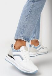 Biało-Niebieskie Sneakersy na Podeszwie w Paski Zdobione Brokatem i Cekinami Sellani. Białe obuwie sportowe damskie Born2be, bez zapięcia. Za 89.99 zł.