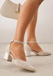 Beżowe Strukturalne Czółenka VICES na Słupku z Paskiem wokół Kostki Kallimei. Brązowe czółenka damskie Born2be, bez wzorów, z jeansu, bez obcasa, na słupku. Za 119.99 zł.