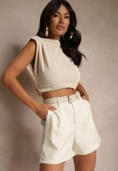 Beżowe Szorty High Waist z Paskiem Linave. Brązowe szorty damskie Renee, bez wzorów, z podwyższonym stanem. Za 74.99 zł.