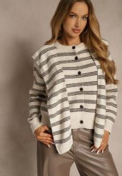 Beżowy Kardigan z Dodatkiem Wełny Zdobiony Wzorem w Paski i Narzutką Fedira. Brązowe kardigany damskie Renee, z aplikacjami, z jeansu. Za 119.99 zł.