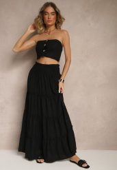 Czarna Rozkloszowana Spódnica z Gumką w Talii Zdobiona Falbanami Dovinelle. Czarne spódnice damskie Renee, na co dzień, l, z aplikacjami, eleganckie, maxi. Za 49.99 zł.