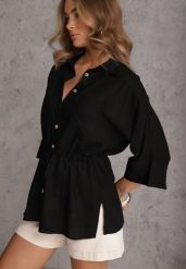 Czarna Koszula z Lnem Bawełną i Szerokimi Rękawami Moontwist. Czarne koszule damskie Renee, m, bez wzorów, z bawełny, casualowe, bez kołnierzyka, bez ramiączek. Za 139.99 zł.