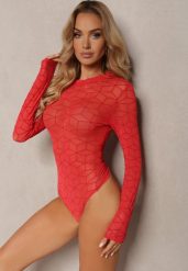 Czerwone Body z Długim Rękawem z Siateczkowego Materiału z Geometrycznym Printem Virefia. Czerwone body i gorsety Renee, bez wzorów, z jeansu. Za 49.99 zł.