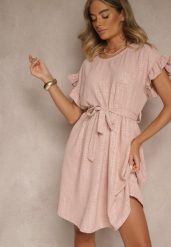 Ciemnoróżowa Sukienka z Paskiem i Falbankami przy Rękawach Folunelle. Czerwone sukienki damskie Renee, bez wzorów, eleganckie, bez ramiączek. W wyprzedaży za 67.99 zł.