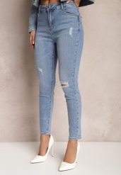 Niebieskie Jeansy z Dziurami i Przetarciami o Fasonie Skinny Klifana. Niebieskie jeansy damskie Renee, bez wzorów, z jeansu. Za 89.99 zł.