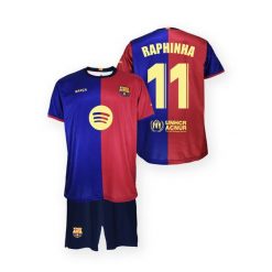 FC Barcelona komplet koszulka spodenki junior Home FCB 2024/25 Raphinha. Niebieskie koszulki damskie FC BARCELONA, bez wzorów, bez kołnierzyka, bez ramiączek. Za 279.00 zł.