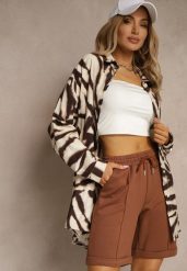 Brązowe Casualowe Szorty High Waist z Kieszeniami Wykończone Gumką Shezetta. Brązowe szorty damskie Renee, bez wzorów, z materiału, z podwyższonym stanem. Za 39.99 zł.