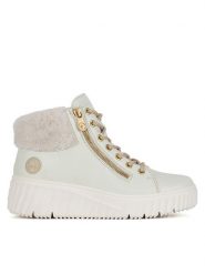 Rieker Trzewiki N2506-81 Biały. Białe botki damskie Rieker, z materiału, bez obcasa, na koturnie, bez zapięcia. Za 272.99 zł.