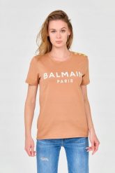 BALMAIN Brązowy damski t-shirt z guzikami. Brązowe t-shirty damskie Balmain, xs, bez wzorów, z bawełny, bez kołnierzyka. W wyprzedaży za 1,199.99 zł.