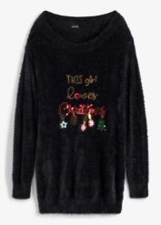 Sweter off-shoulder z bożonarodzeniowym motywem. Czarne swetry klasyczne damskie bonprix, bez kołnierzyka. Za 149.99 zł.