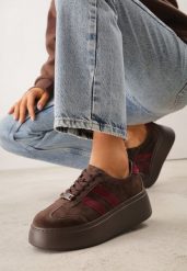 Brązowe Sneakersy z Zamszu Naturalnego na Platformie Ozdobione Paskami Jiliana. Brązowe obuwie sportowe damskie Renee, z jeansu, bez zapięcia. Za 219.99 zł.