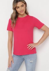 Różowy Bawełniany T-shirt o Klasycznym Fasonie Hebea. Czerwone t-shirty damskie Born2be, xl, bez wzorów, z bawełny, bez kołnierzyka. Za 19.99 zł.