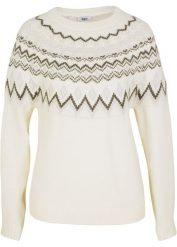 Sweter z płytkim dekoltem, w norweski wzór. Białe swetry klasyczne damskie bonprix, bez kołnierzyka. Za 79.99 zł.