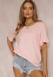 Jasnoróżowy T-shirt Eraela. Czerwone t-shirty damskie Renee, plus size, bez wzorów, z bawełny, bez kołnierzyka. Za 19.99 zł.