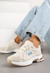 Beżowe Sneakersy z Geometrycznym Wzorem Froloti. Brązowe obuwie sportowe damskie Born2be, z jeansu, bez zapięcia. Za 109.99 zł.
