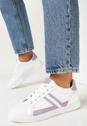 Biało-Fioletowe Sneakersy z Cholewką przed Kostkę z Modnymi Przeszyciami Cassamisia. Białe obuwie sportowe damskie Born2be, przed kostkę, bez zapięcia. Za 69.99 zł.