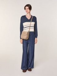 Rodier Wełniany sweter w kolorze granatowo-kremowym rozmiar: S. Brązowe swetry klasyczne damskie Rodier, s, z wełny, bez kołnierzyka. Za 239.99 zł.