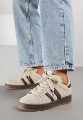 Beżowo-Brązowe Sneakersy z Ozdobnymi Paskami Doloreth. Brązowe obuwie sportowe damskie Born2be, z jeansu, bez zapięcia. Za 89.99 zł.