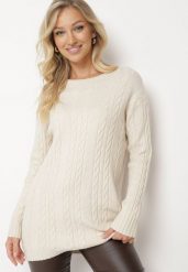 Jasnobeżowy Sweter z Wiskozą i Bawełną Ozdobiony Tłoczeniem Vianira. Brązowe swetry klasyczne damskie Born2be, l, z bawełny, bez kołnierzyka. Za 89.99 zł.