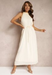 Jasnobeżowa Sukienka z Dekoltem Typu Halter z Materiałowym Paskiem w Talii i Aplikacjami 3D Dimnnia. Brązowe sukienki damskie Renee, z aplikacjami, z materiału, eleganckie, bez ramiączek. W wyprzedaży za 127.99 zł.