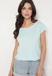 Jasnoniebieski Bawełniany T-shirt w Klasycznym Stylu Raliessa. Niebieskie t-shirty damskie Born2be, l, bez wzorów, z bawełny, bez kołnierzyka. Za 34.99 zł.